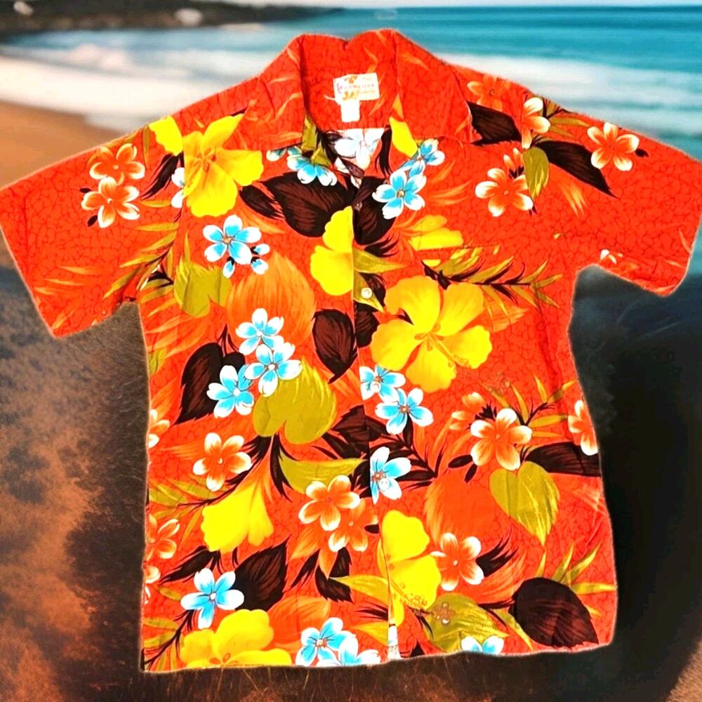 Vtg 1970's Sears Hawaiian Fashions Button Up Shirt Tropical Orange Yellow Blue